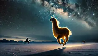 Inti, the golden llama, gallops across Salar de Uyuni beneath a starlit sky, his glowing fur making him appear almost ethereal.