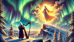  Väinämöinen meets the Maiden of the Air on a snowy mountain as northern lights illuminate the scene.