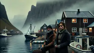 Elín Ásgeirsdóttir and Jónas Einarsson stand on a wooden dock in a small Icelandic village, gazing at the misty fjord.