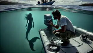 Santiago Rivera in a small boat adjusting hydrophones, a faint mermaid shadow visible beneath the ocean’s surface.