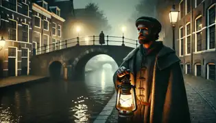 A medieval bridge keeper in Utrecht stands near a stone bridge at night, holding a lantern with a look of concern.