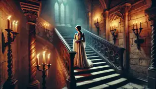 The White Lady stands at the top of a grand stone staircase in Houska Castle, illuminated by torchlight.