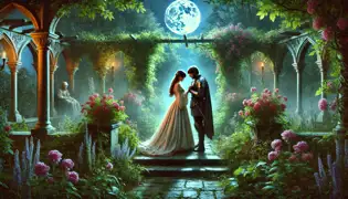 A noblewoman and a soldier share a moment in the moonlit gardens of Houska Castle, surrounded by mist.