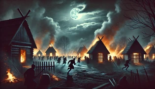 Chaos as villagers flee burning huts under a dark sky lit by raging fire