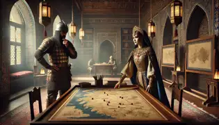 Princess Gulnor and Commander Farhad strategize over maps in a richly decorated palace chamber in Samarkand.