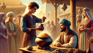 Kamol shakes a pouch of coins near a steaming bowl of pilaf as Qadi Yusuf and curious villagers observe in a lively market.