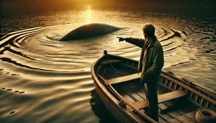 A startled fisherman points toward a long, undulating shape breaking the water’s surface near his boat.