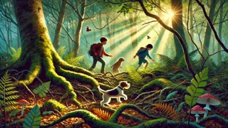 Niños chapoteando entre la hierba alta y hundiéndose en el espeso barro del campo.