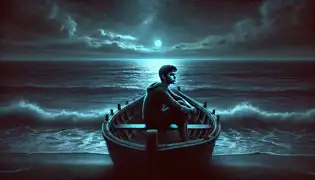 Youssef sits alone in his fishing boat, gazing at the sea under a moonlit sky, lost in longing and sorrow.