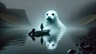 A ghostly white seal with black eyes surfaces in a still Icelandic fjord at midnight as Elín watches from a small boat.