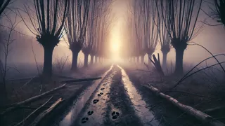 Aube brumeuse se levant sur une route vide à Sleepy Hollow, avec des arbres nus