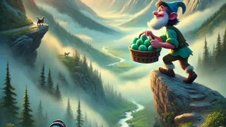 Sam-I-Am climbing a mountain path with green eggs and ham in a wicker basket