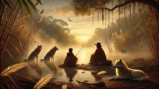 Arin de pie al borde de una aldea humana al amanecer, mientras lobos observan desde el bosque.