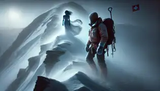 Elias König, a climber, stares in shock as a spectral woman in white appears through the mist on the icy ridge.