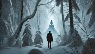 Historian Jonas Meier stands in a frozen forest, gazing in awe at the ethereal figure of the Snow Maiden, who watches him silently.