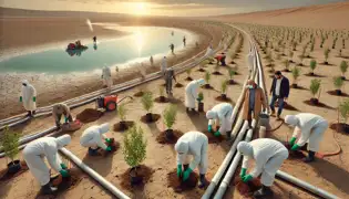 Workers plant vegetation in the dry soil of the former Aral Sea, attempting to combat desertification and restore life.