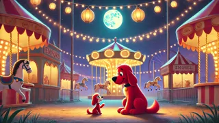 Clifford and Emily introducing a shy stray dog named Pepper to the midnight carnival lights