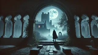 A shadowed courtyard bathed in moonlight, broken archways leading to freedom