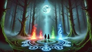 Eira and Nolan facing elemental magic trial in ancient forest clearing