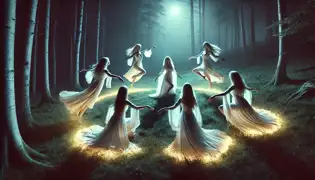 In a moonlit clearing, the Iele dance in glowing white dresses, while Ionuț stands frozen, captivated by their beauty and mystery.