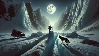 Ein einsamer Reisender mit einem Hundeschlitten, das über eine windgepeitschte, gefrorene Tundra unter einem grauen Himmel zieht.