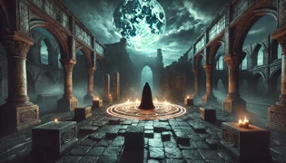 A cloaked sorcerer surrounded by swirling flames in a ruined temple courtyard