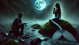 Mateo, a fisherman, stands mesmerized as a sorrowful mermaid with glowing eyes and silver scales sings to him from a mossy rock.