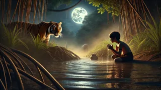 Arin y el tigre de Bengala Sheru se observan en silencio, probándose mutuamente, en la ribera iluminada por la luna en los Sundarbans.