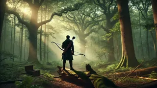 Robin Hood de pie sobre un tronco cubierto de musgo en el Bosque de Sherwood, con el arco preparado, mientras los rayos de sol brillan a través de los viejos robles.