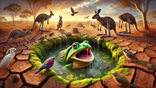 Tiddalik, der Frosch, trinkt aus einer Quelle, während andere Tiere im trockenen Outback zuschauen.