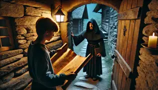 A cloaked stranger presents an ancient map to Jakob at the doorstep of his rustic stone cottage under the glow of warm lamplight.