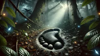 Ein riesiger Fußabdruck des Mapinguari, in feuchtes Laub eingedrückt, im silbrigen Mondlicht