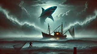Una pequeña embarcación de pesca rodeada por olas ominosas y una gran silueta de tiburón debajo.