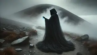 A hooded woman in black stands on a foggy mountain trail, raising a hand in warning at Irazú Volcano.