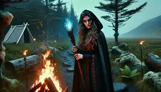 A mysterious woman, Freyja, stands near a fire in a misty Icelandic forest, holding a glowing staff and revealing ancient secrets.