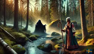 Linnea confronts a shadowy figure emerging from a glacial stream in a sunlit Sami forest.