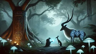 Obiaku, el murciélago, recibiendo la perla luminosa de Mawu, la antílope.