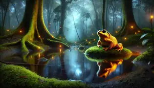 A radiant female golden toad sings beside a moonlit pool in a mystical glade surrounded by mossy trees and fireflies.