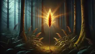 A glowing golden reed standing alone in a dark enchanted forest, surrounded by eerie trees and an air of magic.