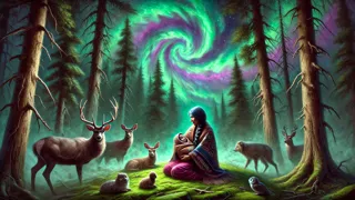 O bebê Hiawatha embalado por Nokomis sob um céu Ojibwe iluminado pela aurora