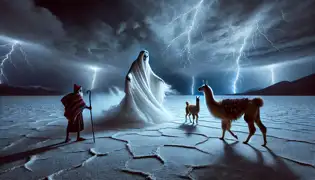 A white-cloaked spirit emerges from the Salar de Uyuni, confronting Tupac and his golden llama, Inti, under a stormy sky.