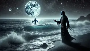 Sigrún stands on a moonlit beach as Alrek, the merman, emerges from the waves, reaching out to her with longing and mystery