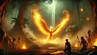 The Firebird begins to emerge from the mist at the base of Angel Falls, its golden embers illuminating the stunned explorers.