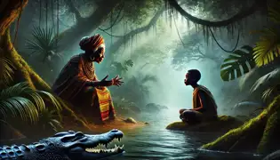 Kibamba listens to an old woman by the river as she reveals the Crocodile King’s secret. The jungle surrounds them in mystery.