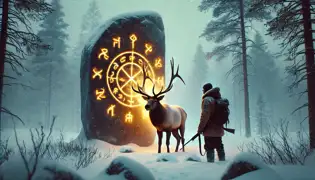  Erik stands before an ancient monolith with glowing Sami runes as the Golden Elk watches him, its antlers crackling with energy.