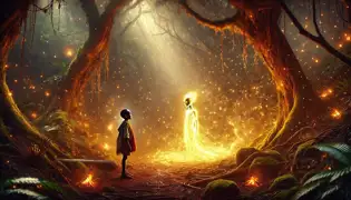 Kamau meets the last Fire Child in a mystical forest grove glowing with embers and surrounded by luminous trees.