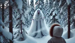 A mysterious woman in a white cloak stands at the edge of a snowy forest, as a young girl watches in awe.