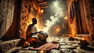 Hassan Noor performs a drum ritual in a Mombasa alley, surrounded by incense smoke and traditional fabrics.