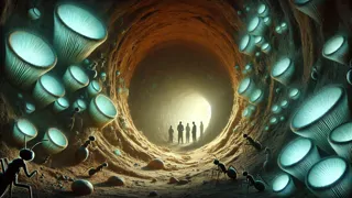 Silhouette humaine dans un vaste tunnel creusé par des fourmis