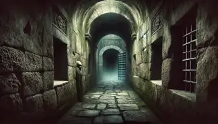 A dimly lit, narrow stone corridor inside El Morro, covered in moss and ancient carvings, leading to a rusted iron gate.